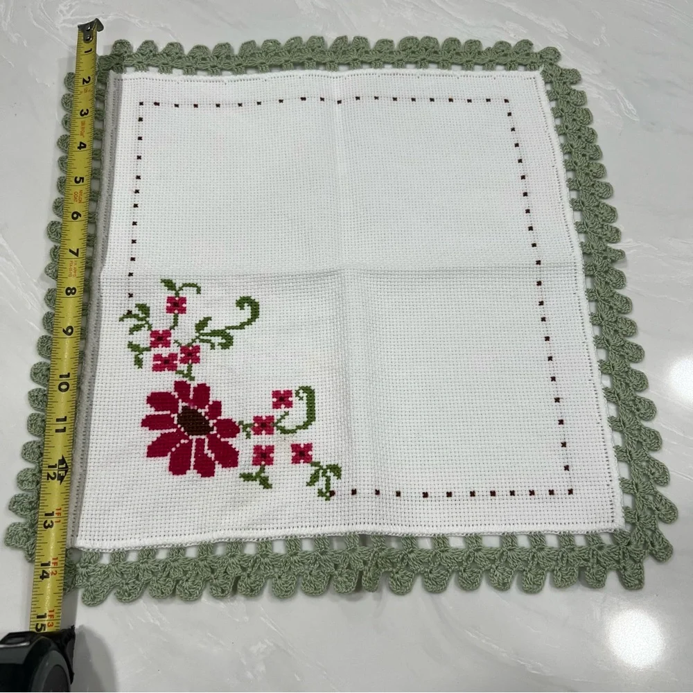 Hand made Floral Embroidered Green Crochet Edge Tablecloth Cottagecore